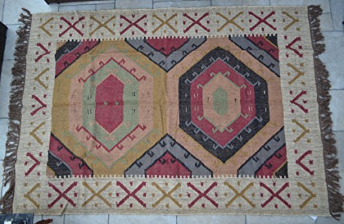 Designs Emporium Alfombra grande Kilim geométrica hexagonal 120 cm x 180 cm 4 x 6 tejida a mano tradicional estilo persa lana algodón yute