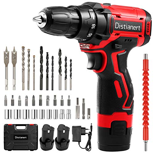 Distianert Taladro Atornillador 12V, Destornillador Electrico con 2 Baterías, 34Accesorios, 30 Nm Par Máx, 2 Velocidad, 18+1 con Selección de Marcha, 10mm Portabrocas Automatico, Hormigón, Bricolaje.