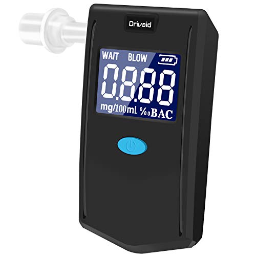 Drivaid Alcoholimetro Profesional con Sensor Semiconductor Alta Precision, Digital Pantalla LCD, 3 Unidades de Medida, Fácil de Usar, Probador de Alcohol Portatil Reutilizable con 24 Boquillas
