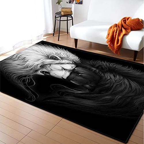 DRTWE Alfombra,Moda Negro Blanco Leones Patrón Anti-Skid Alfombra Terciopelo Shaggy Rug Junto A La Cama del Sofá para La Sala De Estar Dormitorio Oficina Hotel Niños Juegan Al Estera, 120 * 180