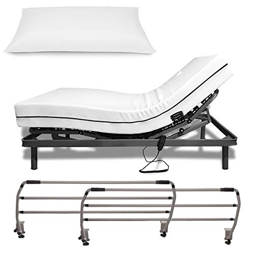 Duérmete Online Cama Eléctrica Articulada Reforzada 5 Planos + Colchón Medic Visco + Almohada Tacto Sedoso + Barandillas, Gris, 105x190