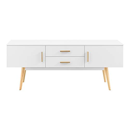 [en.casa] Mesa de Tele 140 x 40 x 56 cm Soporte de televisión Cómoda Mueble de salón para TV con 2 Puertas y Cajones Almacenamiento Patas de Madera Blanco