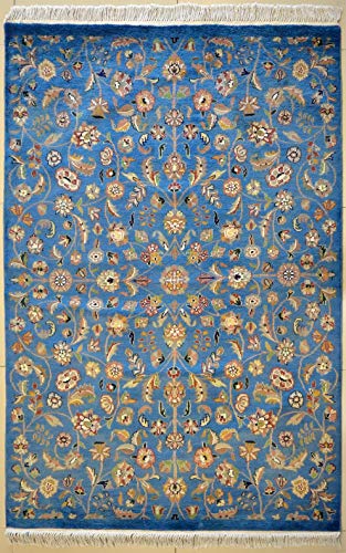 etnico Alfombra de seda y lana oriental, hecha a mano, 124 cm x 185 cm, diseño simétrico, color aguamarina