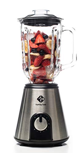 Family Care Batidora Vaso de Cristal, Batidora Americana 1000W, Base Acero Inoxidable, 6 Cuchillas de Titanio, 7 Velocidades con Función Picadora Hielo, Vaso de Vidrio 1.5 Litros Family Care Batidora Vaso de Cristal, Batidora Americana 1000W, Base Acero Inoxidable, 6 Cuchillas de Titanio, 7 Velocidades con Función Picadora Hielo, Vaso de Vidrio 1.5 Litros