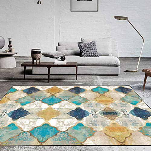 Fancytran Alfombra Grande Vintage Estampado Geométrica Marruecos Enrejado Diseño, para Sala de Estar o Dormitorio, Amarillo y azu, 160 x 230cm