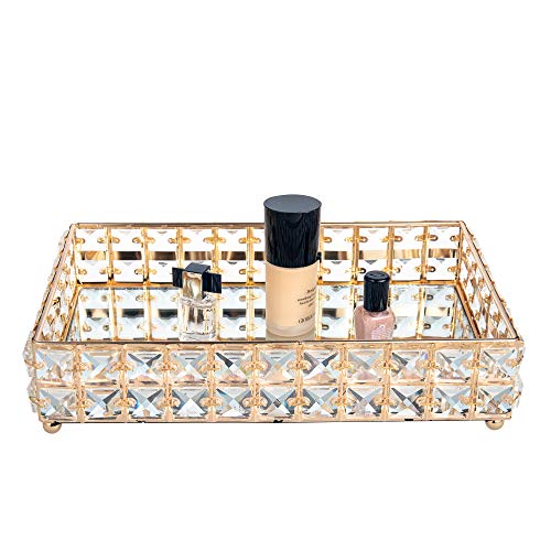 Feyarl Bandeja rectangular de cristal con espejo cosmético para perfumes, bandeja organizadora de joyas, bandeja decorativa plateada para boda, decoración del hogar (dorado)