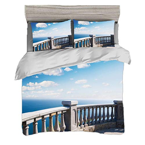 Funda nórdica Tamaño doble (150 x 200 cm) con 2 fundas de almohada europeo Juegos de cama de microfibra Arquitectura antigua Balcón histórico con barandillas Vista al mar,gris claro azul claro blanco