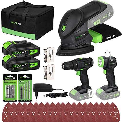 GALAX PRO Lijadora de ratón, Taladro de 2 velocidades, Linterna de antorcha LED, Kit de Herramientas de Bricolaje Inalámbrico, 2 Batería de 1.3Ah y 1 Cargador,Con bolsa de herramientas GALAX PRO Lijadora de ratón, Taladro de 2 velocidades, Linterna de antorcha LED, Kit de Herramientas de Bricolaje Inalámbrico, 2 Batería de 1.3Ah y 1 Cargador,Con bolsa de herramientas