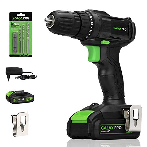GALAX PRO Taladro Atornillador, 20V Batería 1.3Ah con Cargador, 2 velocidades con 19 + 1 Posiciones par Max 30 N.m, Portabrocas de 10 mm/GP95605 GALAX PRO Taladro Atornillador, 20V Batería 1.3Ah con Cargador, 2 velocidades con 19 + 1 Posiciones par Max 30 N.m, Portabrocas de 10 mm/GP95605