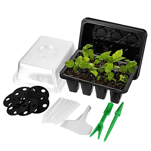Ghopy 6 juegos de bandejas de semillas Seedling Tray con agujeros y tapa, juego de bandejas de cultivo con herramientas para transplantes y etiqueta en T para la horticultura bonsái
