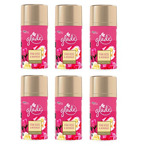 Glade - Ambientador Pink Rose & Meringue en aerosol, recarga para dosificador automático, fragancia con aceites esenciales [Pack de 6]
