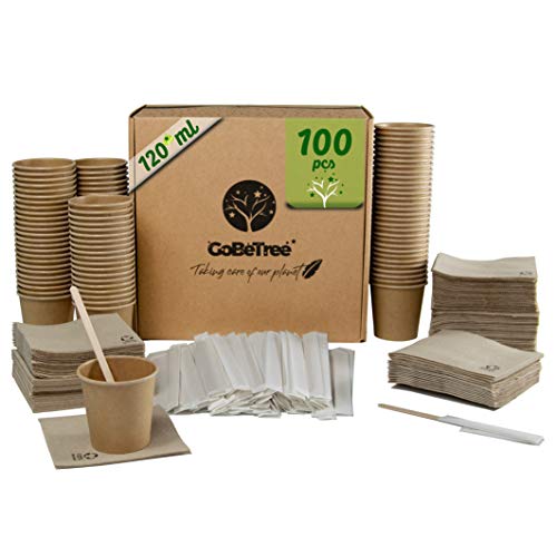 GoBeTree 100 Vasos de café Desechables Kraft con PLA para café expreso de 120 ml con agitadores de Madera en Funda de Papel para café y servilletas recicladas