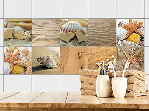 GrazDesign - Adhesivo para azulejos (20 x 20 cm, 10 unidades), diseño de conchas de arena y playa