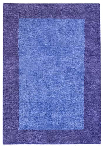 HAMID - Alfombra de Lana Color Liso con Greca en Borde - Alfombra de Lana - Tejida a Mano - Azul (160x230cm)