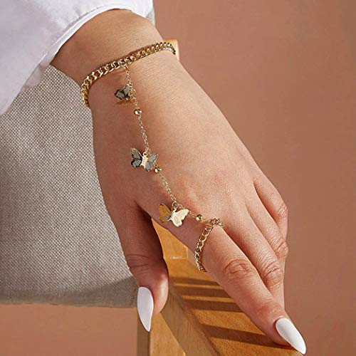 Handcess Boho - Pulseras de mariposa doradas con arnés de mano, anillos de dedo, accesorios de mano para mujeres y niñas