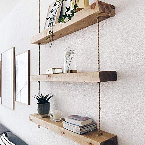 Hannun Estantería de Pared Makemba/Estantería de Madera Maciza y Cuerdas de Cáñamo Artesanal Fabricada a Mano, Color Olivo 70 cm Hannun Estantería de Pared Makemba/Estantería de Madera Maciza y Cuerdas de Cáñamo Artesanal Fabricada a Mano, Color Olivo 70 cm