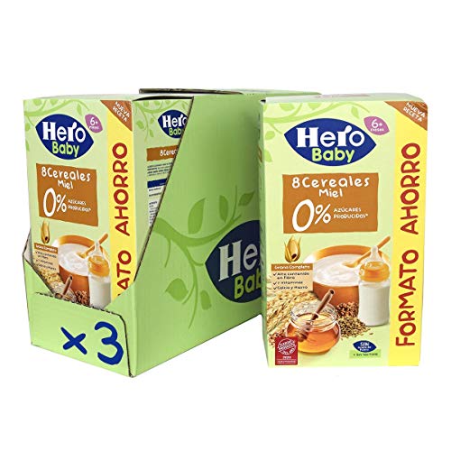 Hero Baby - Papilla de 8 Cereales con Miel sin Azúcares Añadidos, para Bebés a Partir de los 6 Meses - Pack de 3 x 820 g