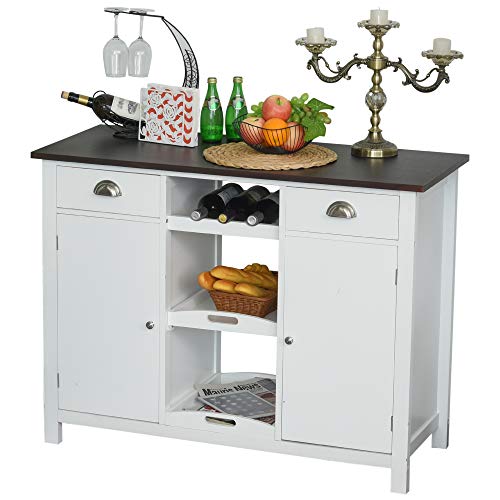 HOMCOM Aparador Buffet para Comedor con Armarios Cajones Estantes Abiertos Bandeja Extraíble Multiusos Mesa Consola Auxiliar Clásico 115x48x87 cm Blanco