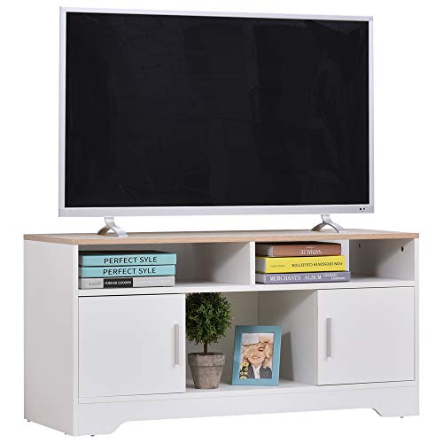 HOMCOM Armario para Televisor Mueble Auxiliar para TV con Gran Espacio de Almacenaje Estantes Abiertos Administración de Cables Diseño Clásico 105x40x52 cm Blanco