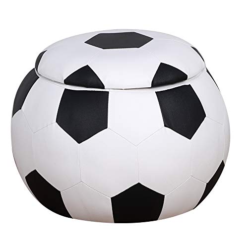 HOMCOM Baúl Puff Taburete para Almacenaje Mini Sofá para Niños Diseño Balón de Fútbol 51,5x51,5x36 cm Blanco y Negro