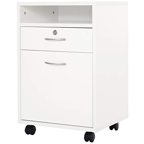 HOMCOM Cajonera para Oficina con 4 Ruedas 2 Frenos Cajón Cerradura Estante Abierto y Armario Estudio Habitación 40x35x60cm Máximo 25kg Blanco HOMCOM Cajonera para Oficina con 4 Ruedas 2 Frenos Cajón Cerradura Estante Abierto y Armario Estudio Habitación 40x35x60cm Máximo 25kg Blanco