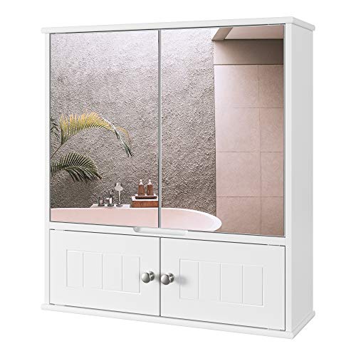 HOMECHO Armario de Baño con Espejo Armario de Pared de Gran Capacidad de Almacenamiento para Baño Cocina Medicina de MDF Blanco 55 x 17.5 x 60 cm