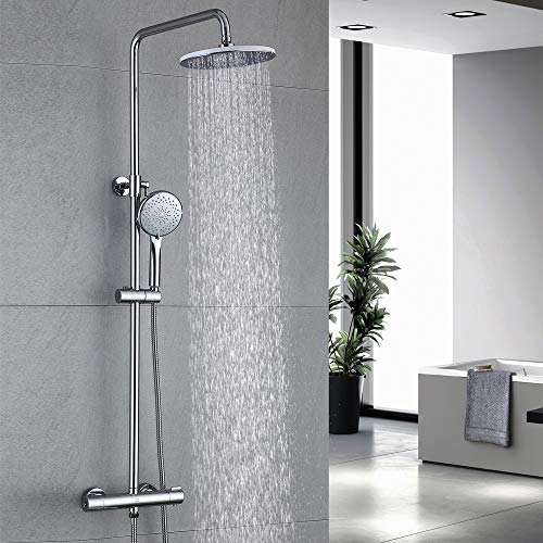 HOMELODY 40ºC Columna de Ducha Termostática Multifuncional Conjunto de ducha Latón Cromado Inoxidable Altura Ajustable 829mm-1221mm Ducha de Mano 3 Funciones Ducha Redondo para Cuarto de Baño