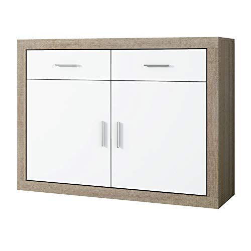 HomeSouth - Mueble Aparador 2 Puertas + 2 cajones, Buffet para Cocina y Comedor, Modelo Lara, Acabado en Color Cambria y Blanco, Medidas: 120 cm (Largo) x 41,4 cm (Fondo) x 90,2 cm (Alto)