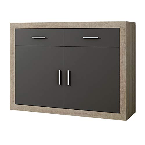 HomeSouth - Mueble Aparador 2 Puertas + 2 cajones, Buffet para Cocina y Comedor, Modelo Lara, Acabado en Color Cambria y Grafito, Medidas: 120 cm (Largo) x 41,4 cm (Fondo) x 90,2 cm (Alto)