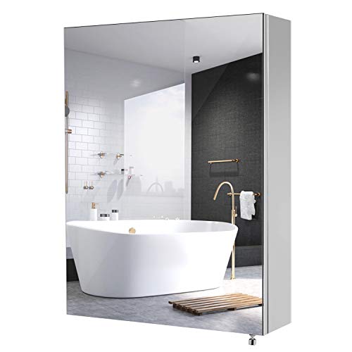 Homfa Armario Baño con Espejo Armario de Pared Armario Colgante Baño con 1 Puerta 3 Compartimentos Acero Inoxidable 45x13x60cm