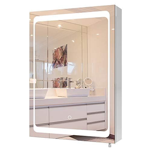 Homfa Armario Baño con Espejo Armario de Pared Armario Colgante con Luz LED de Acero Inoxidable 1 Puerta 2 Compartimentos 50x13x72cm