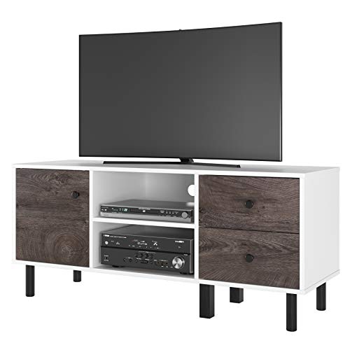 Homfa Mueble TV Salón Mesa para TV Armario Salón con 1 Puerta 2 Compartimientos 2 Cajones Blanco y Roble Oscuro 119x40x52cm