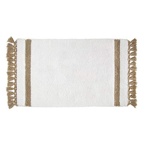 iDesign Stripe Fringe Alfombrilla de baño Suave, Alfombra Rectangular de algodón, Blanco y Beige, 53,3 cm x 86,4 cm