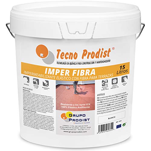 IMPER FIBRA de Tecno Prodist - 15 Litros (BLANCO) Pintura Terrazas Impermeabilizante y elástica con Fibras Incorporadas - Buena Calidad - (A Rodillo o brocha, disponible en color rojo o blanco)