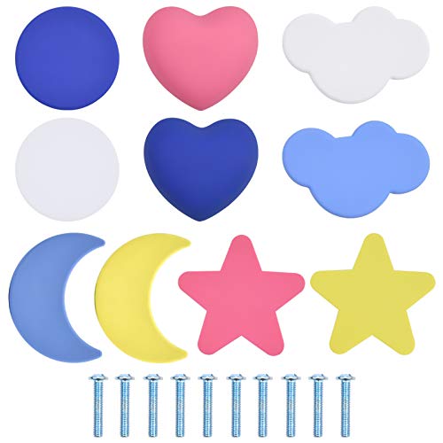 Jinlaili Pomos de Puerta, 10 pcs Tirador para Cajón, Tiradores de Puerta para Niños en forma de Estrella, Luna, Redonda y Nube en Amarillo, Rosa, Blanco, Azul y Azul Real para el Cajón del Armario