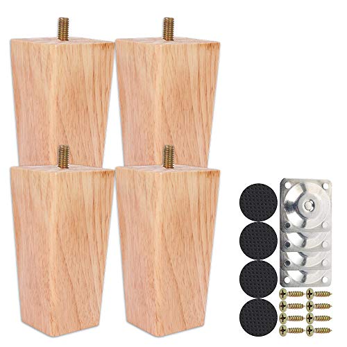 Juego de 4 patas de madera rectas de 10 cm, juego de patas de mesa baja de madera, con tornillo M8 antideslizante y placa de montaje para sofá, cama, silla de noche, armario (color natural, 10 cm)