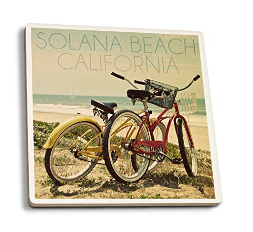 Juego de 4 posavasos de goma para bebidas, Solana Beach, California – Bicicletas y escena de la playa, posavasos absorbente, posavasos para protección de mesa, cocina, sala de bar, decoración