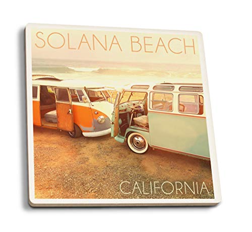 Juego de 4 posavasos de goma para bebidas, Solana Beach, California – Camper Van en la playa, posavasos absorbente, posavasos para protección de mesa, cocina, sala de bar, decoración