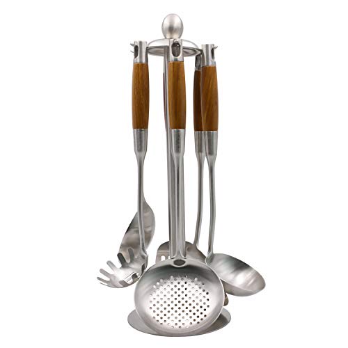 Juego de 6 utensilios de cocina de cocina. Incluye espátula, cucharón, espaguetis, paleta de arroz. Mango largo de madera 304 utensilios de acero inoxidable (6 juegos). Juego de 6 utensilios de cocina de cocina. Incluye espátula, cucharón, espaguetis, paleta de arroz. Mango largo de madera 304 utensilios de acero inoxidable (6 juegos).