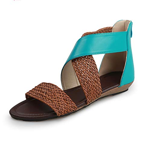 JXILY Sandalias Casuales De Las Mujeres, Sandalias del Dedo del Pie Étnico Tejida con Deslizadores Planos De Las Sandalias De Cuña con Flip Flop Zapatos Retro Romano De Gran Tamaño,Verde,38