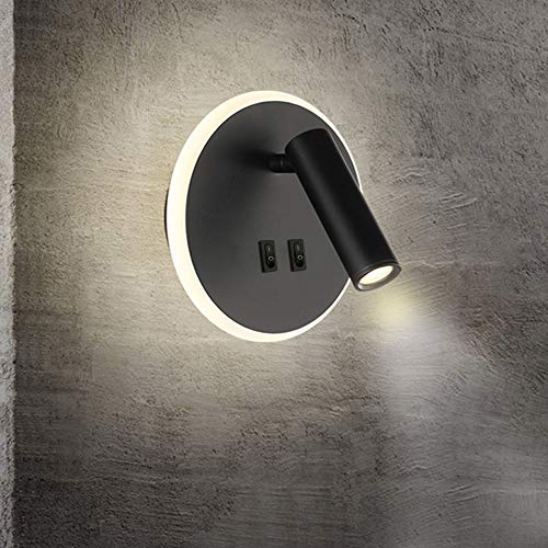 KAYIMAN Bañador de pared Dormitorio Interruptor volvible apliques de lectura de pared cama Iluminación de Pared cabecera 360 gradosgiratoria Blanco/Blanco Cálido 3000K (3W + 9W) (Ronda Negra)