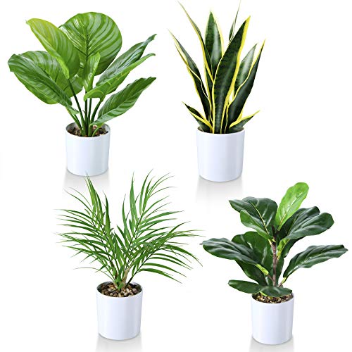 Kazeila Plantas Artificiales, 40 cm Monstera/Planta de Serpiente/Palma Areca/Planta de Rayas Verdes en Maceta para Interior Exterior casa hogar Oficina decoración Moderna (Juego de 4)