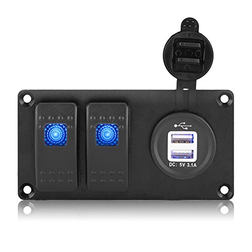Keenso 12-24V panel de interruptor oscilante de LED azul, Panel de interruptores de barra de luz LED con puerto USB 3.1A para coche RV barco yate marino