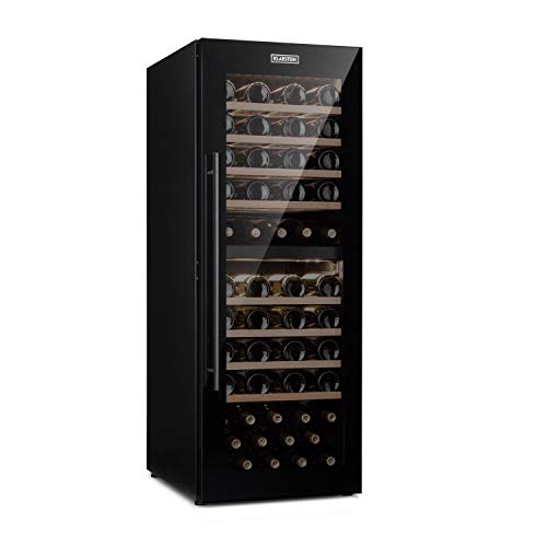 KLARSTEIN Barossa - Refrigerador para vinos, 2 Zonas, Temperatura Regulable 5-18 °C, Estantes de Madera rebatibles, Pantalla LCD, Iluminación Interior LED, Puerta de Vidrio, 77 Botellas, Negro