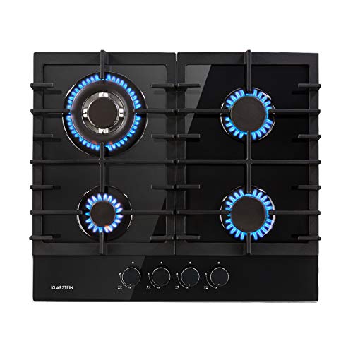 Klarstein Ignito - Placa de cocina a gas, Autárquico, Quemador Sabaf, Gas natural/propano, Válvula de seguridad, Autoapagado, Vitrocerámica, Rejillas de hierro fundido, 60 cm, 4 fuegos, Negro Klarstein Ignito - Placa de cocina a gas, Autárquico, Quemador Sabaf, Gas natural/propano, Válvula de seguridad, Autoapagado, Vitrocerámica, Rejillas de hierro fundido, 60 cm, 4 fuegos, Negro