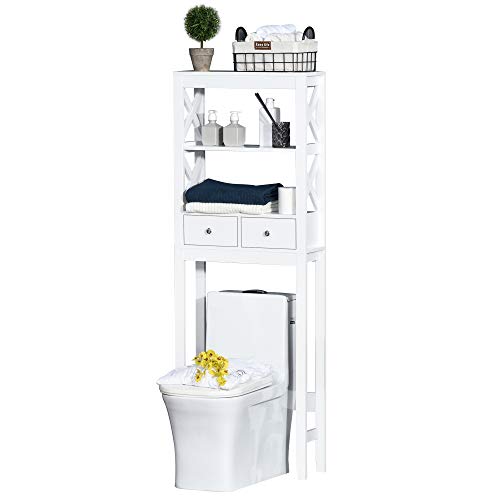 kleankin Estantería para Baño sobre Inodoro WC Lavadora Mueble con 3 Estantes y 2 Cajones con Dispositivo Antivuelco 60x20x165 cm Blanco