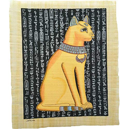 La Diosa Gato Bastet sobre un papiro Original de 33x43 cm Hecho y Pintado a Mano en Egipto. La Pintura Tiene Efecto Fluorescente y es Visible en la Oscuridad Ref.FV-3A