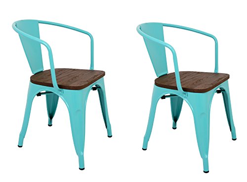 La Silla Española - Pack 2 Sillas estilo Tolix con respaldo, reposabrazos y asiento acabado en madera. Color Turquesa. Medidas 73x53,5x52 La Silla Española - Pack 2 Sillas estilo Tolix con respaldo, reposabrazos y asiento acabado en madera. Color Turquesa. Medidas 73x53,5x52