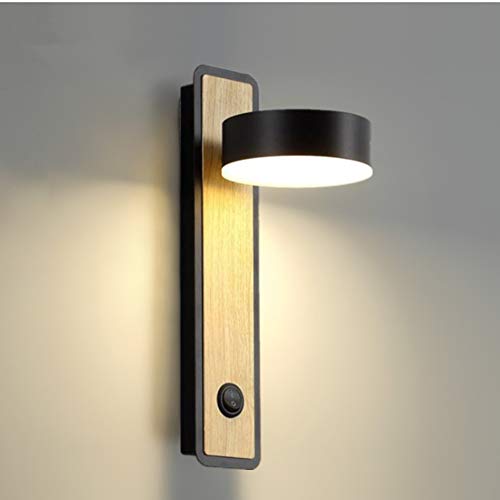 Lámpara de pared LED Aplique de pared Interior Madera Bañadores de pared para Dormitorio Sala de estar Pasillo de Oficina,350°Giratorio (Negro)