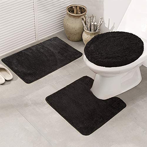 LAOSHIZI Alfombrillas de baño Suave Antideslizante Color sólido Juego de alfombras de baño de 3 Piezas Negro